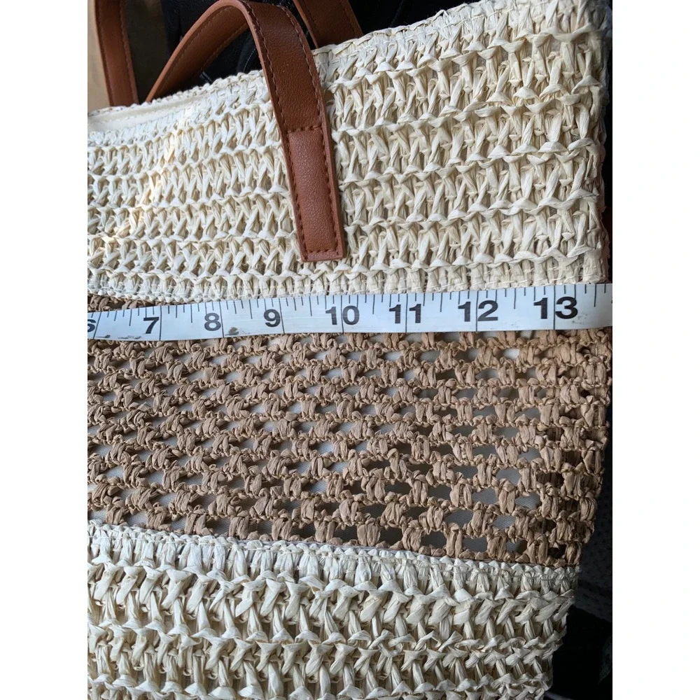 Woven Tote Bag Large Tan Cream Crochet Straw Tassel Coastal Resort Boho Beach